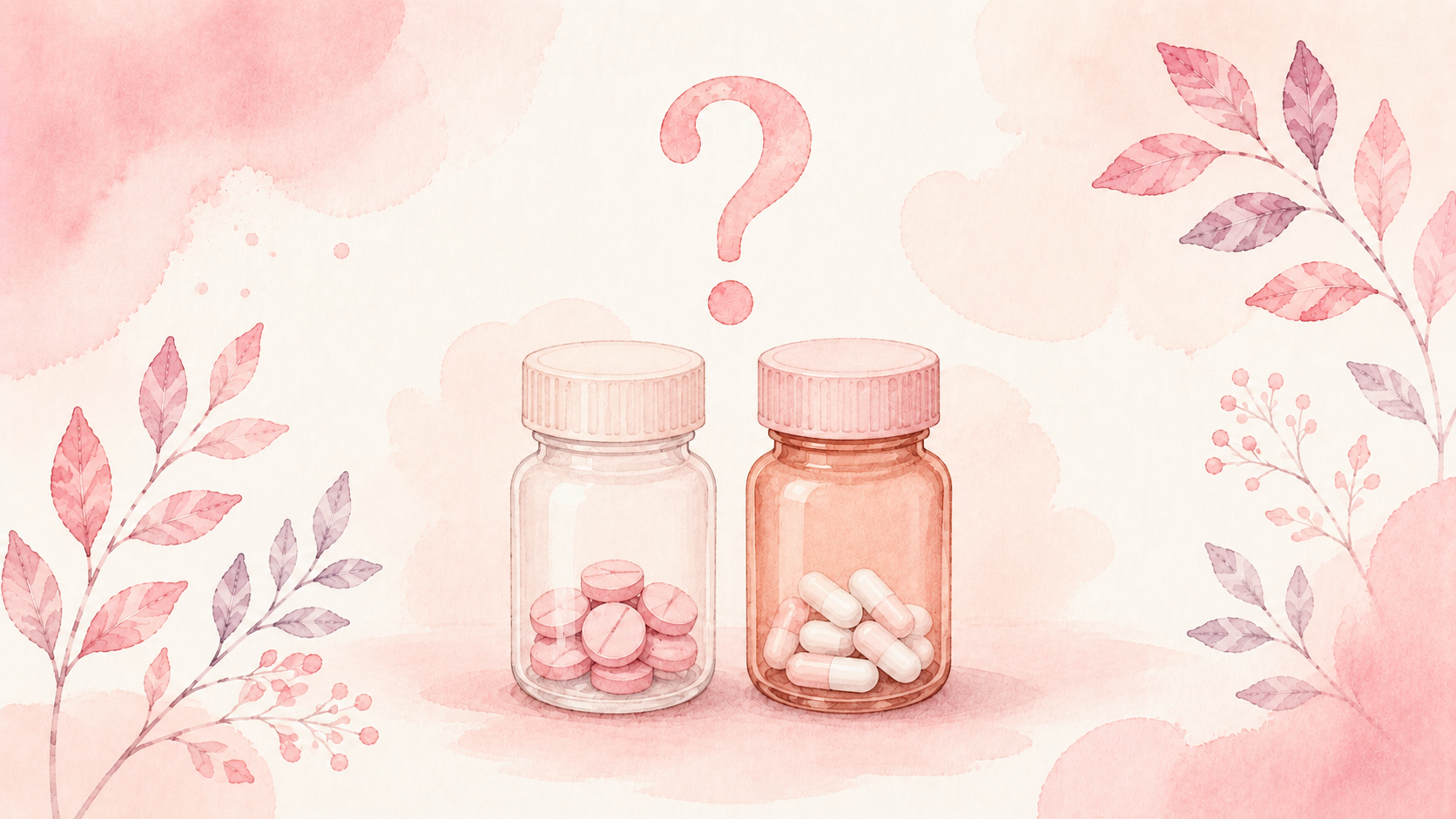 A soft watercolor illustration of two pill bottles and a question mark, painted in pastel pink tones.