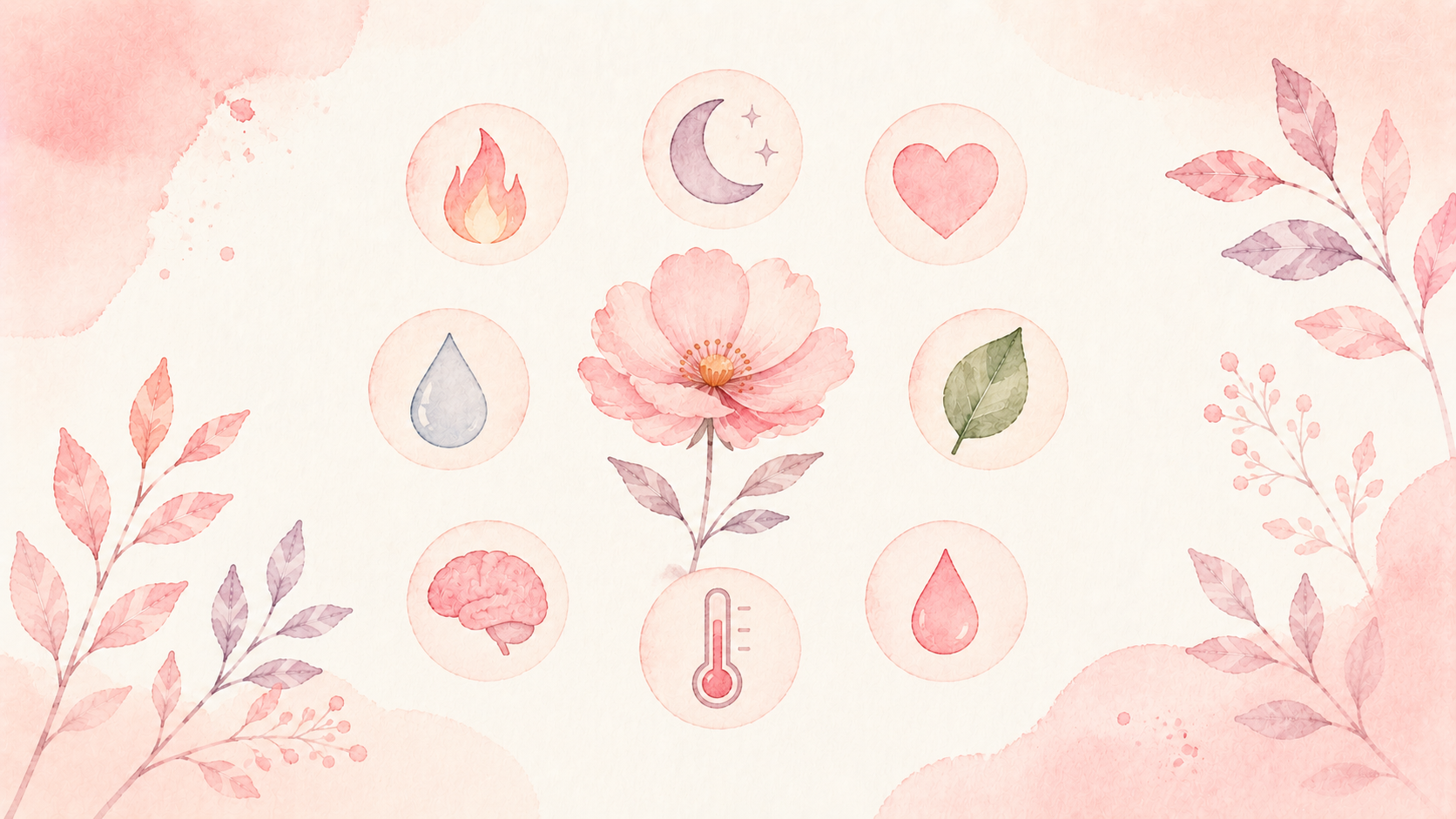 A watercolor grid of small symptom icons arranged around a central flower, painted in pastel tones.