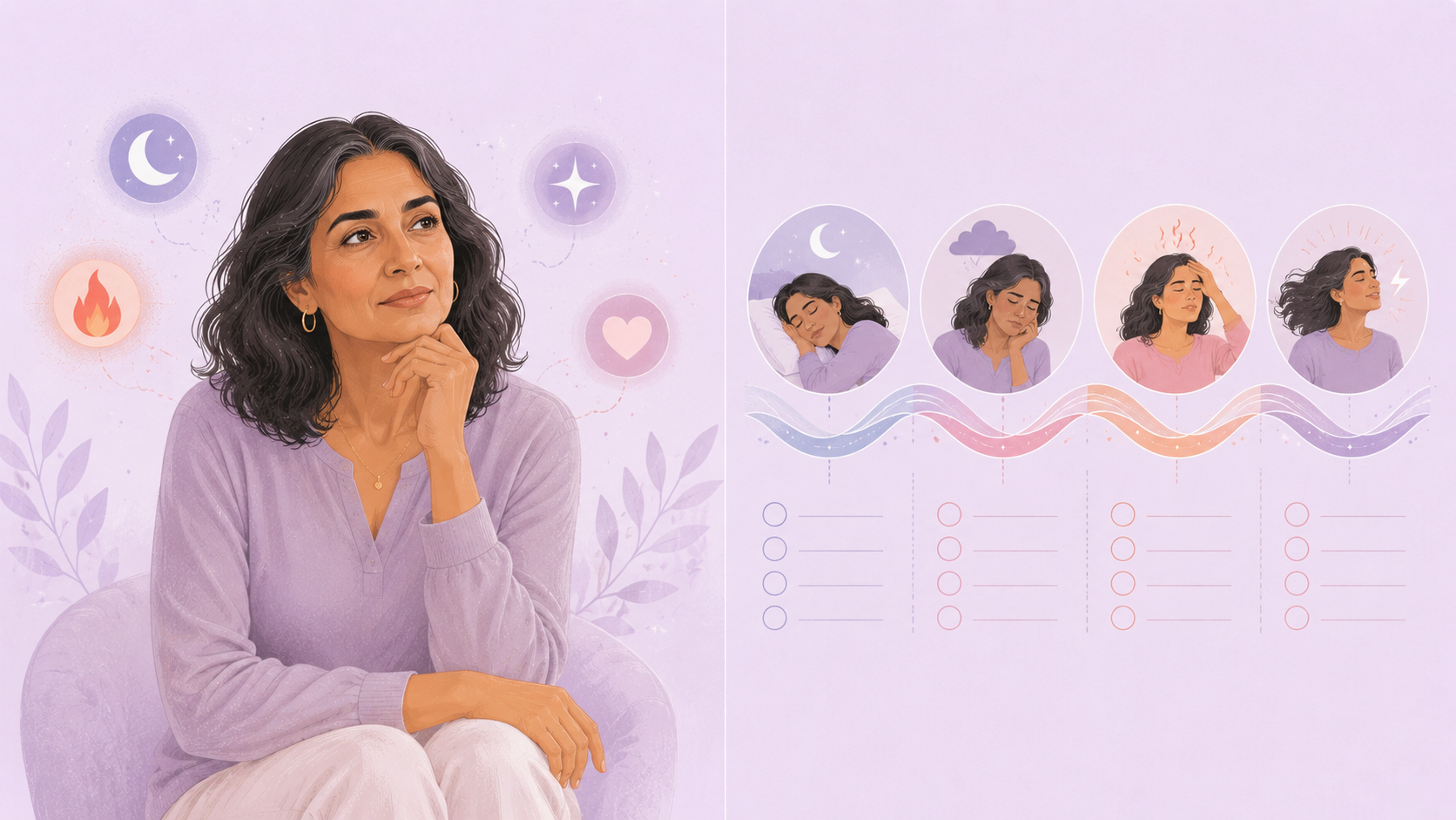 Illustration of a woman in her forties reviewing a cycle and symptom timeline on a phone, with calendar and mood icons around her, suggesting perimenopause tracking.