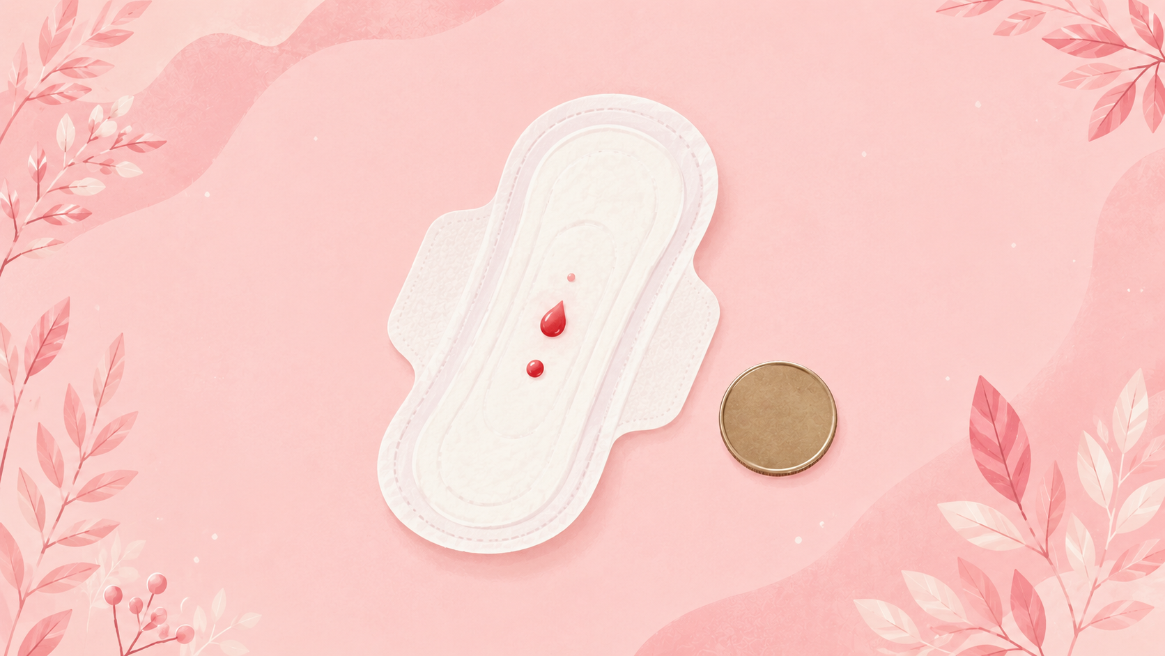 Soft flat-vector illustration of a menstrual pad with small rose droplets beside a coin for size comparison, on a blush pink background.