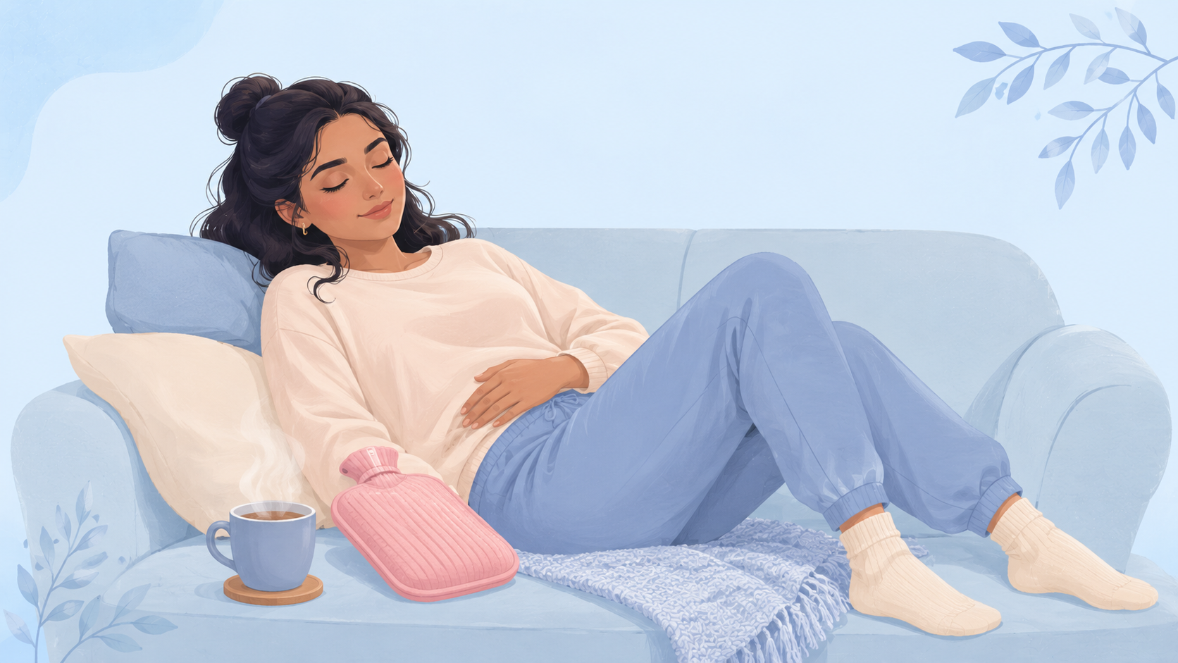 A woman reclining comfortably on a couch with a hand on her stomach, a mug of tea and a hot-water bottle nearby, on a powder blue background.