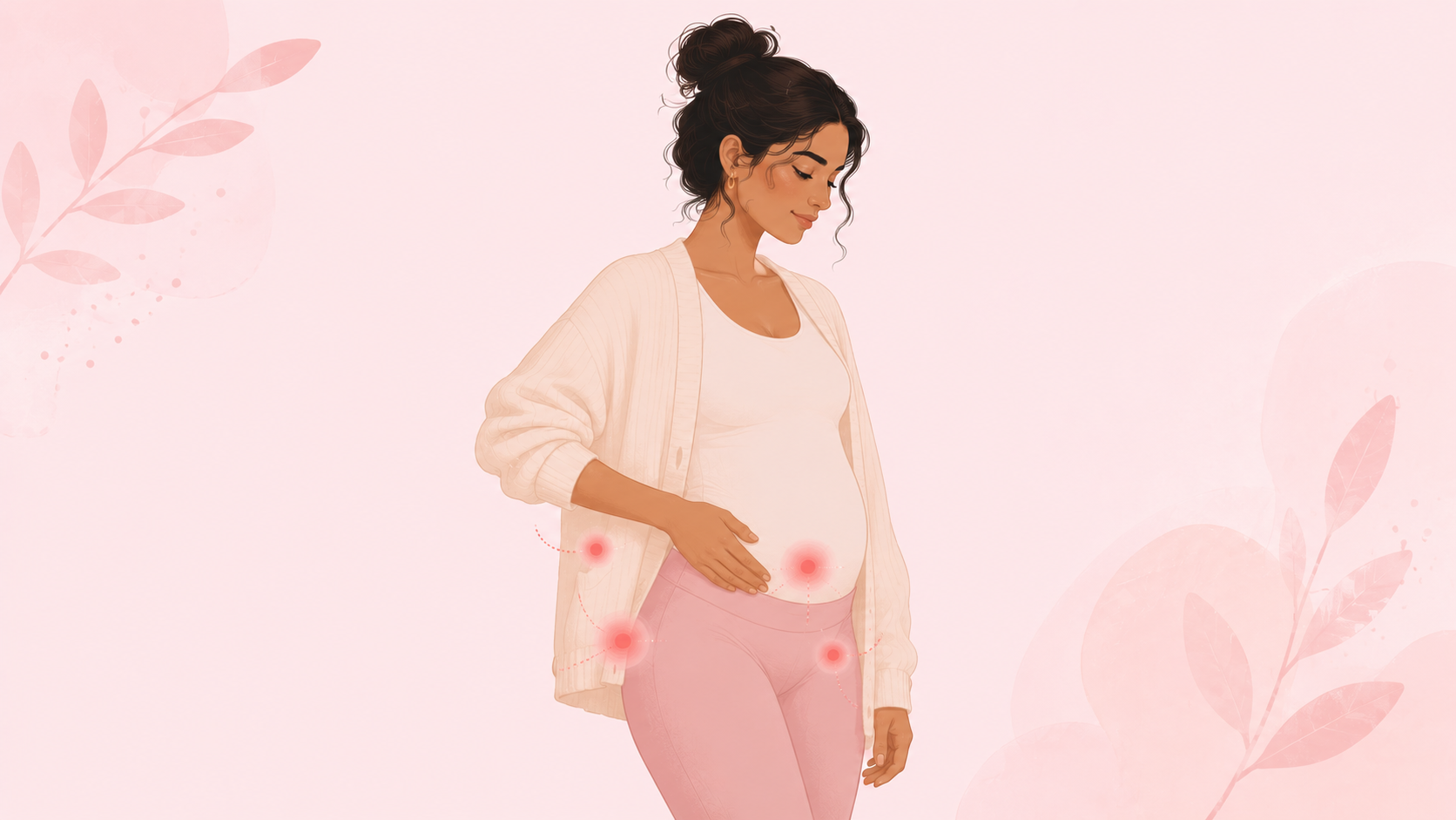 A woman in soft layered clothing with one hand resting on her lower abdomen, soft pastel dots arranged at the lower belly, lower back, hip, and pelvic ring suggesting the distributed pain pattern of endometriosis versus localized period cramps