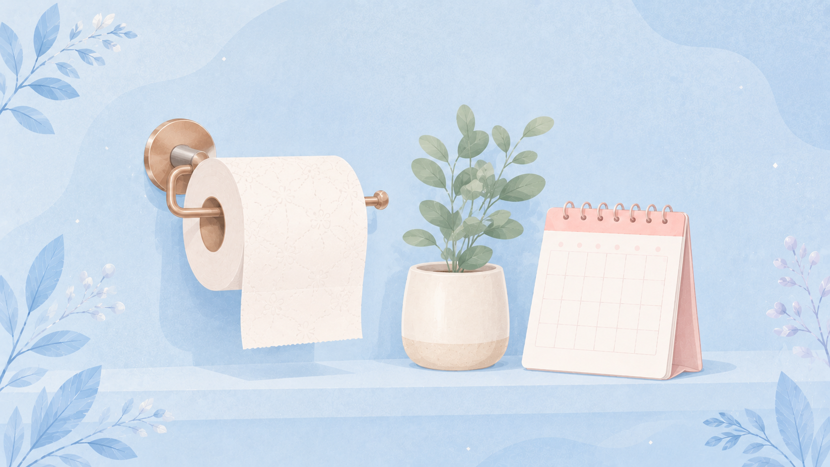 A playful flat-vector bathroom scene with a roll of toilet paper and a small calendar showing period days, on a powder blue background.