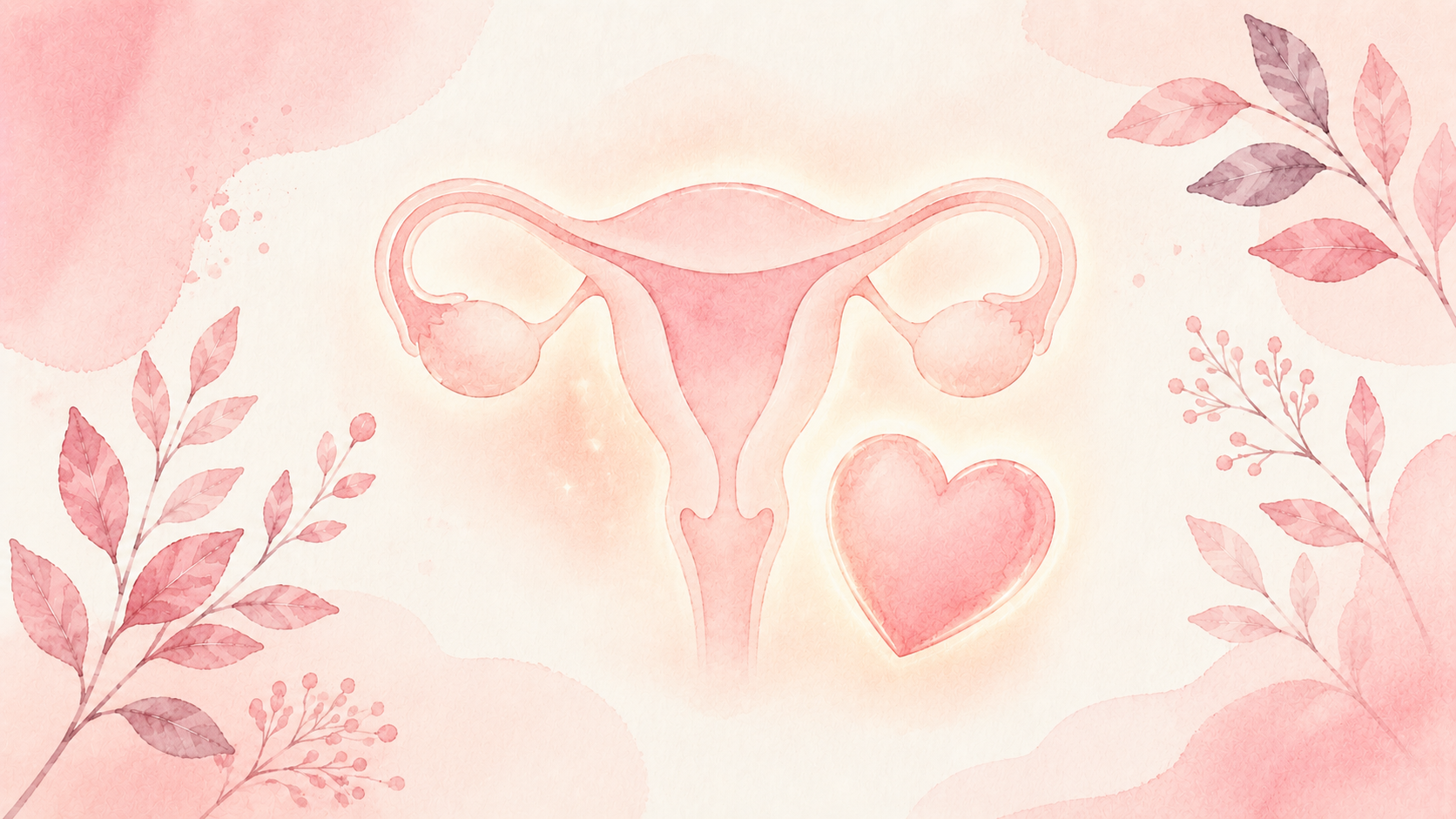 A watercolor illustration of a uterus outline surrounded by a gentle warm glow, painted in soft pastel tones.