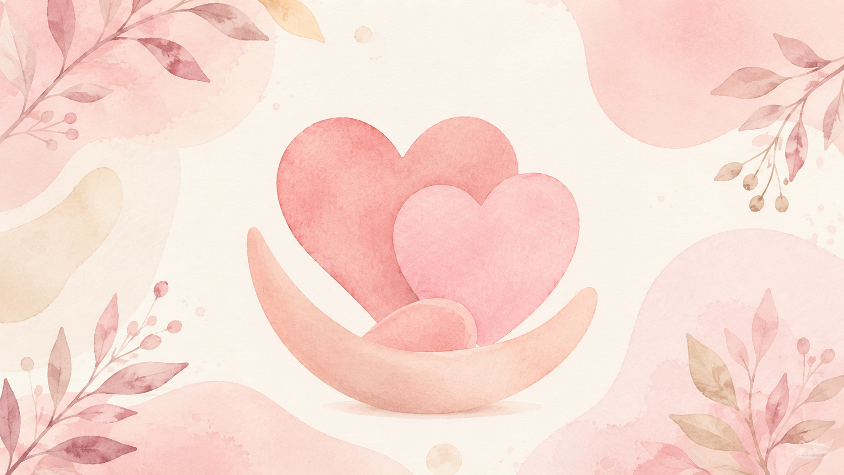 A soft watercolor illustration of two overlapping hearts and gentle botanical leaves on a calm pastel pink and cream background