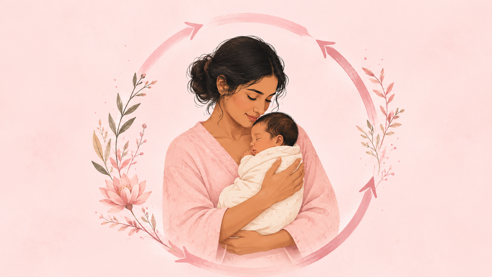 A new mother cradling her newborn with a soft cycle-ring arc behind them, on a warm rose background