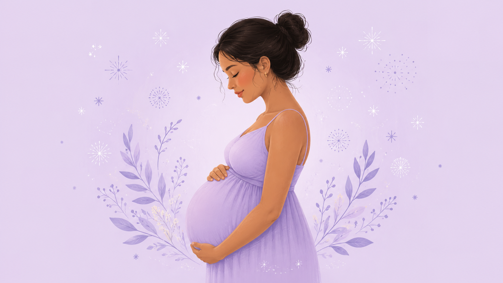 A pregnant woman's side profile, hand resting on her belly, with a calm expression and soft lavender background