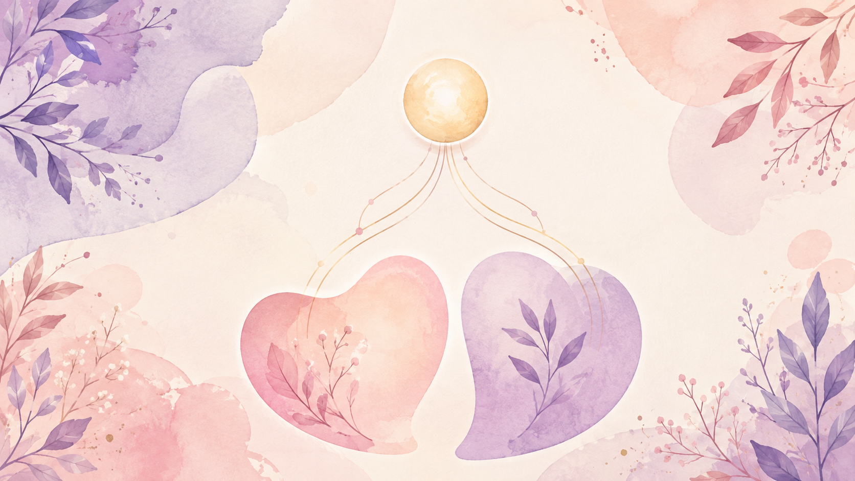 A soft watercolor illustration of a small glowing orb connected by flowing curved lines to gentle rounded shapes below, with delicate botanical leaves, in a pastel lavender, blush, and cream palette