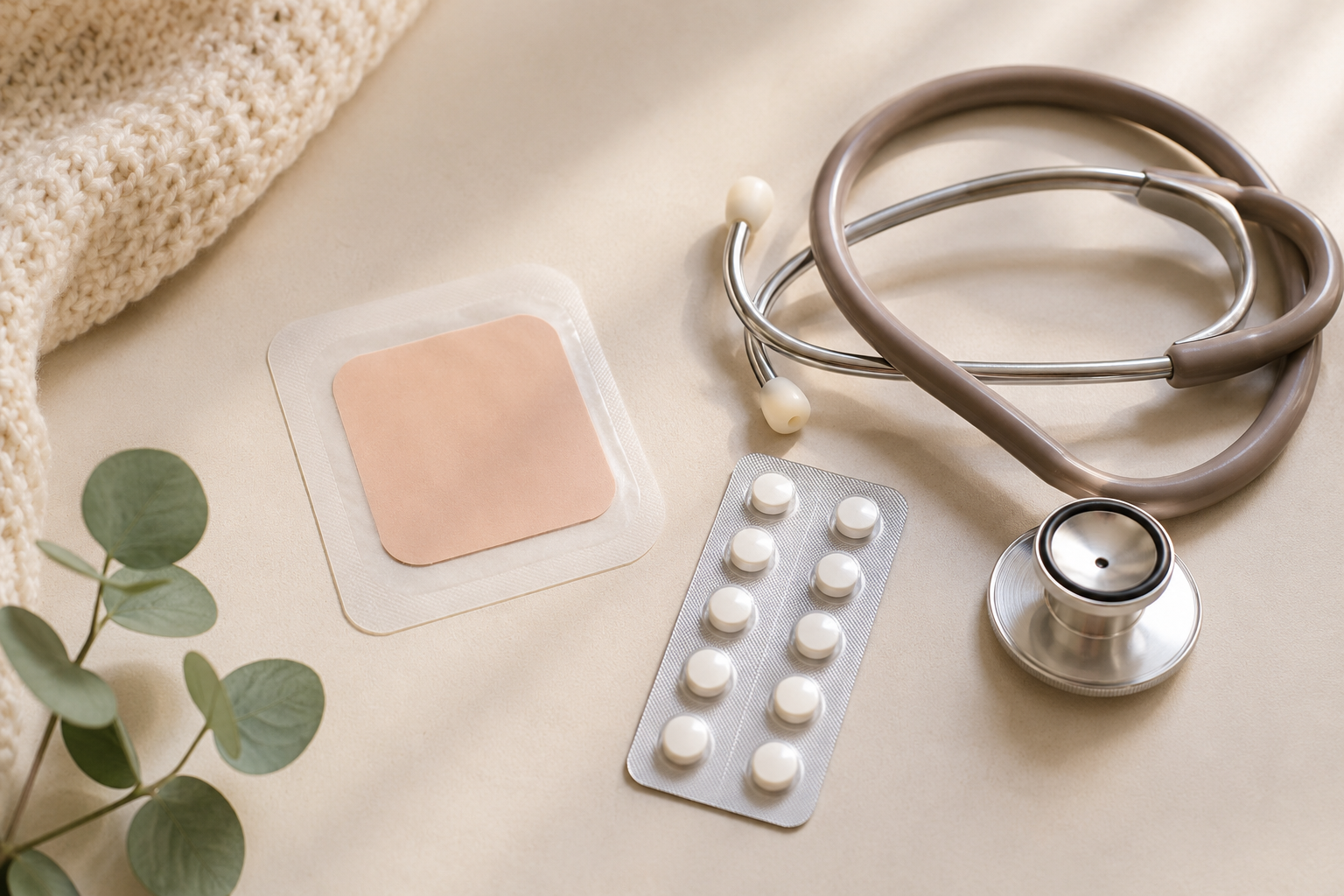 A flat-lay of an estrogen patch and a blister pack of tablets beside a stethoscope on a soft neutral background, suggesting a medical risk discussion.