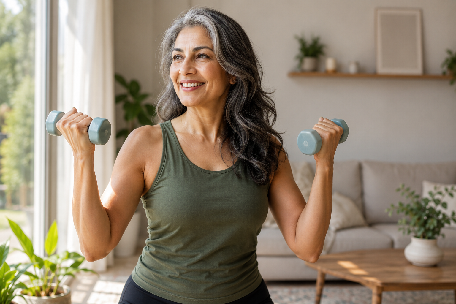 A middle-aged woman with silver-streaked hair lifting light dumbbells in a bright, airy room, in soft warm tones.