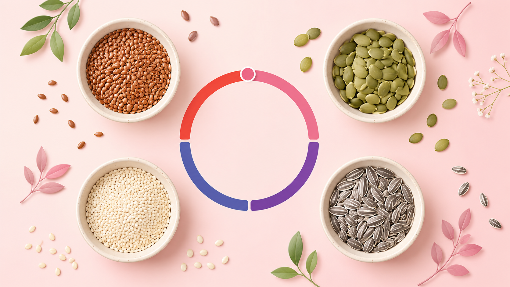 A flatlay of four small bowls holding flax, pumpkin, sesame, and sunflower seeds arranged around a soft four-phase cycle ring on a warm rose background.