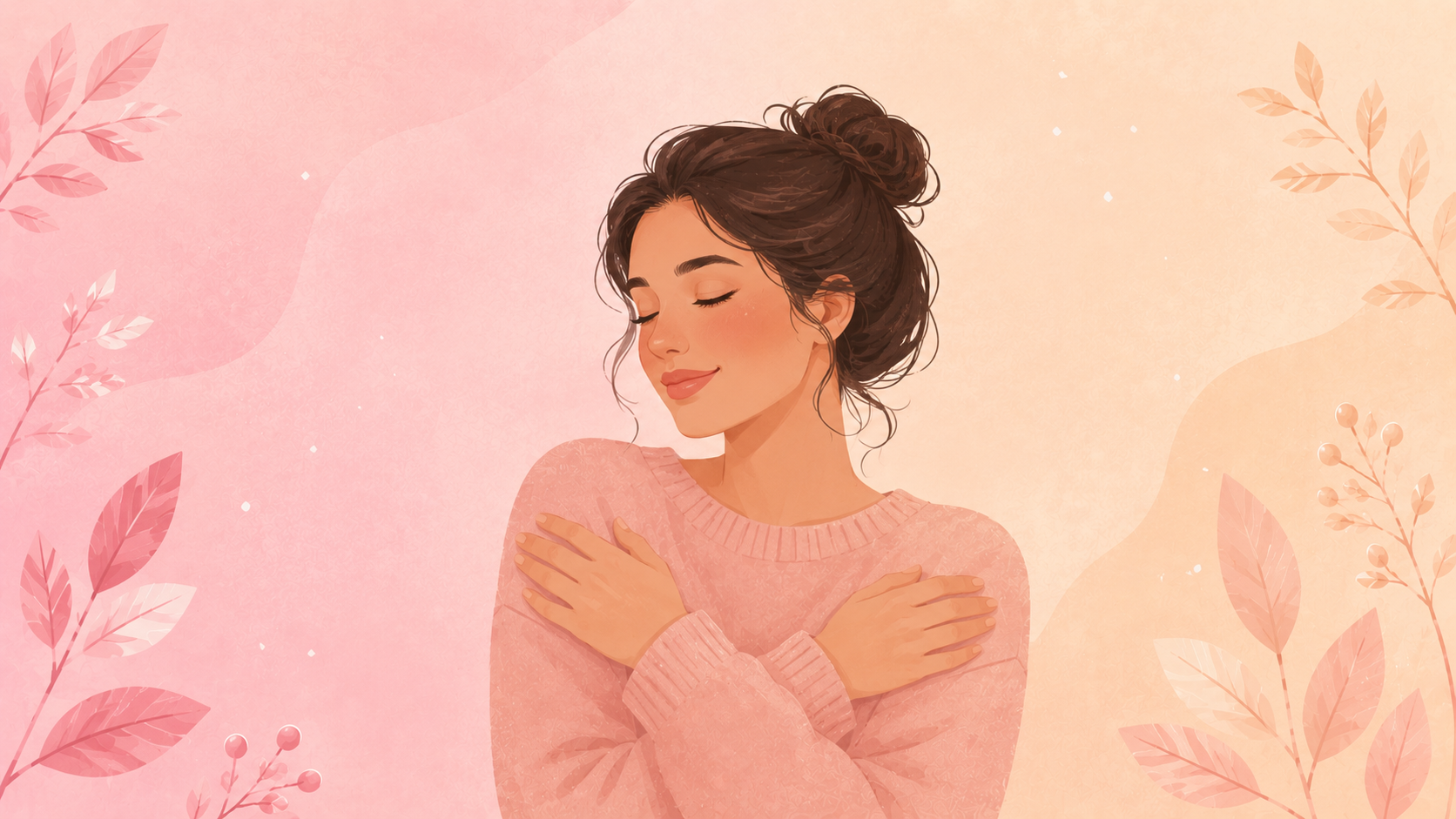 A soft flat-vector illustration of a woman in a cozy top with hands crossed over her chest, split background of blush pink and soft peach.