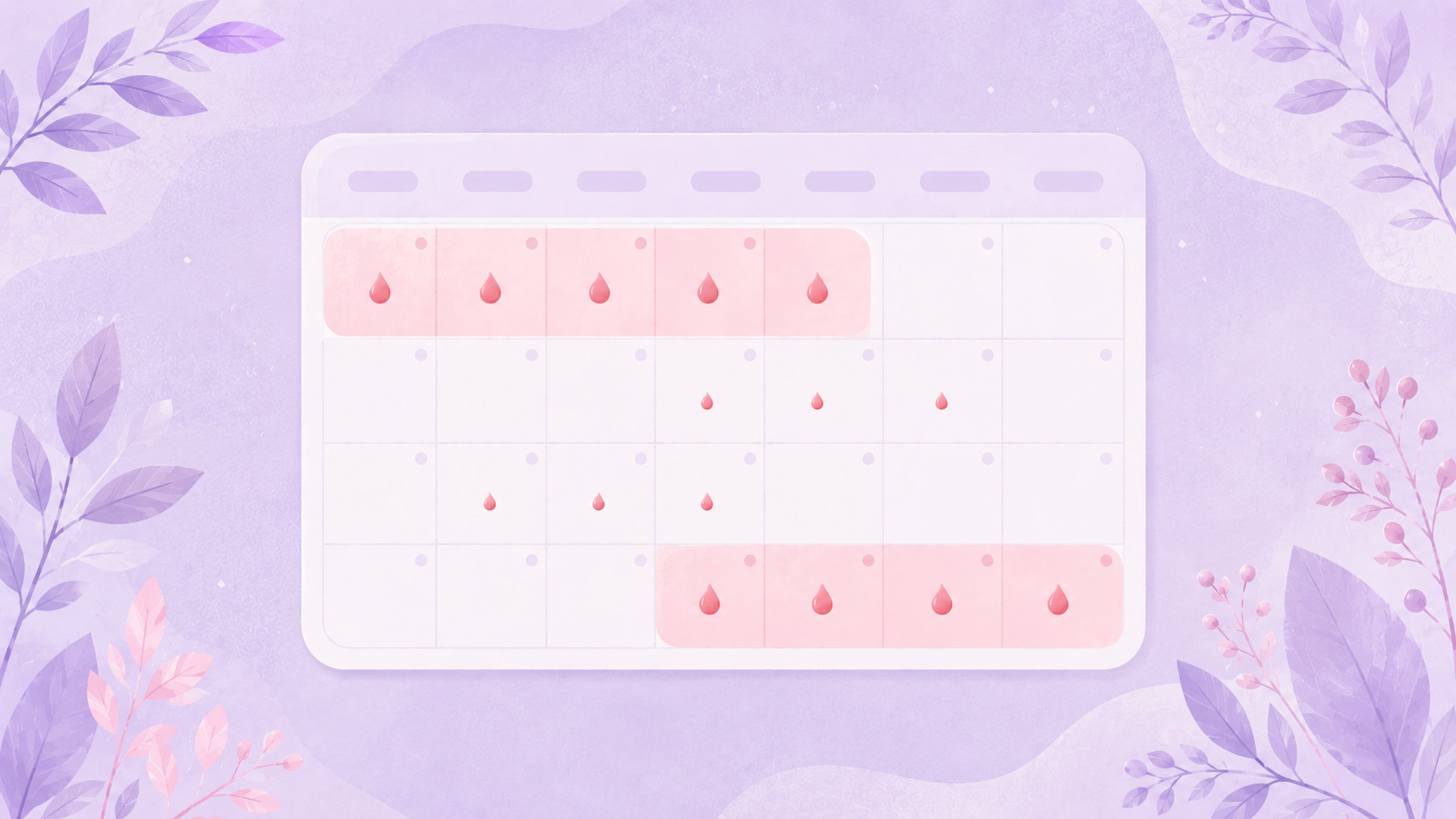 A soft flat-vector calendar with two period blocks in rose and a few tiny droplets between them, on a lavender background.