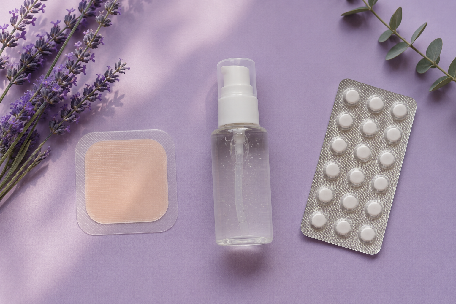 A flat-lay of hormone replacement therapy options - a transparent estrogen patch, a pump bottle of gel, and a blister pack of tablets - arranged on a soft lavender background.