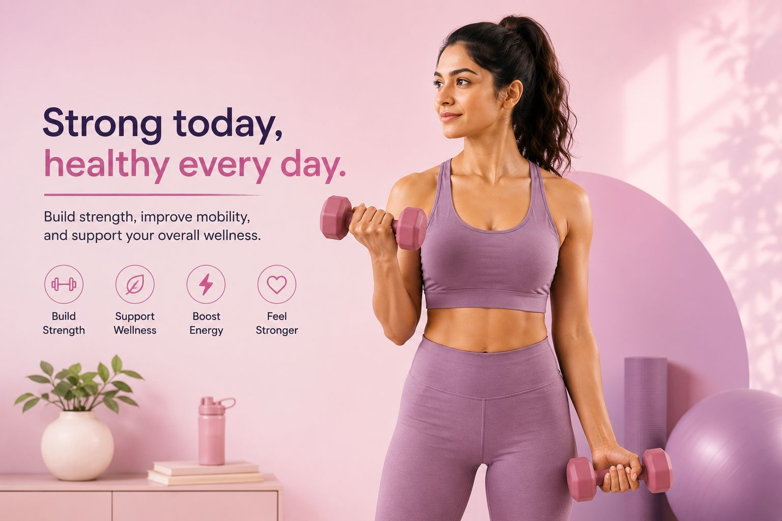 A woman in lavender activewear holding two pink dumbbells in front of a soft pink wall with a yoga mat and exercise ball nearby, captioned 'Strong today, healthy every day'