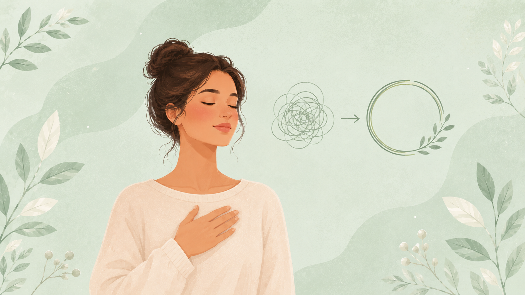 A soft flat-vector illustration of a woman taking a calm breath while tangled scribble lines above her smooth into a gentle cycle ring, on a mint green background.