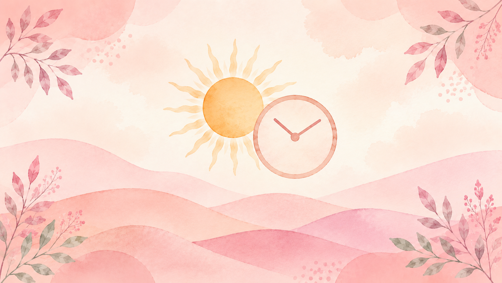 A soft watercolor illustration of a sun with a small clock face over rolling hills and botanical leaves, in a pastel pink and cream palette