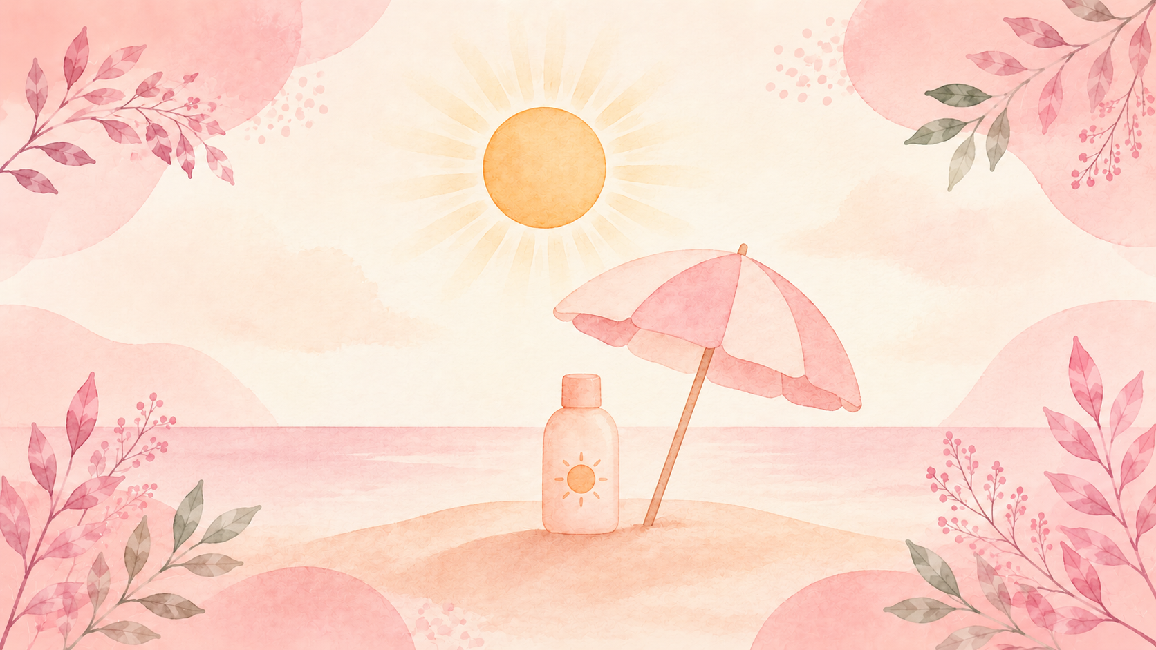 A soft watercolor illustration of a sun, a small sunscreen bottle, and a beach umbrella with botanical leaves, in a pastel pink and cream palette