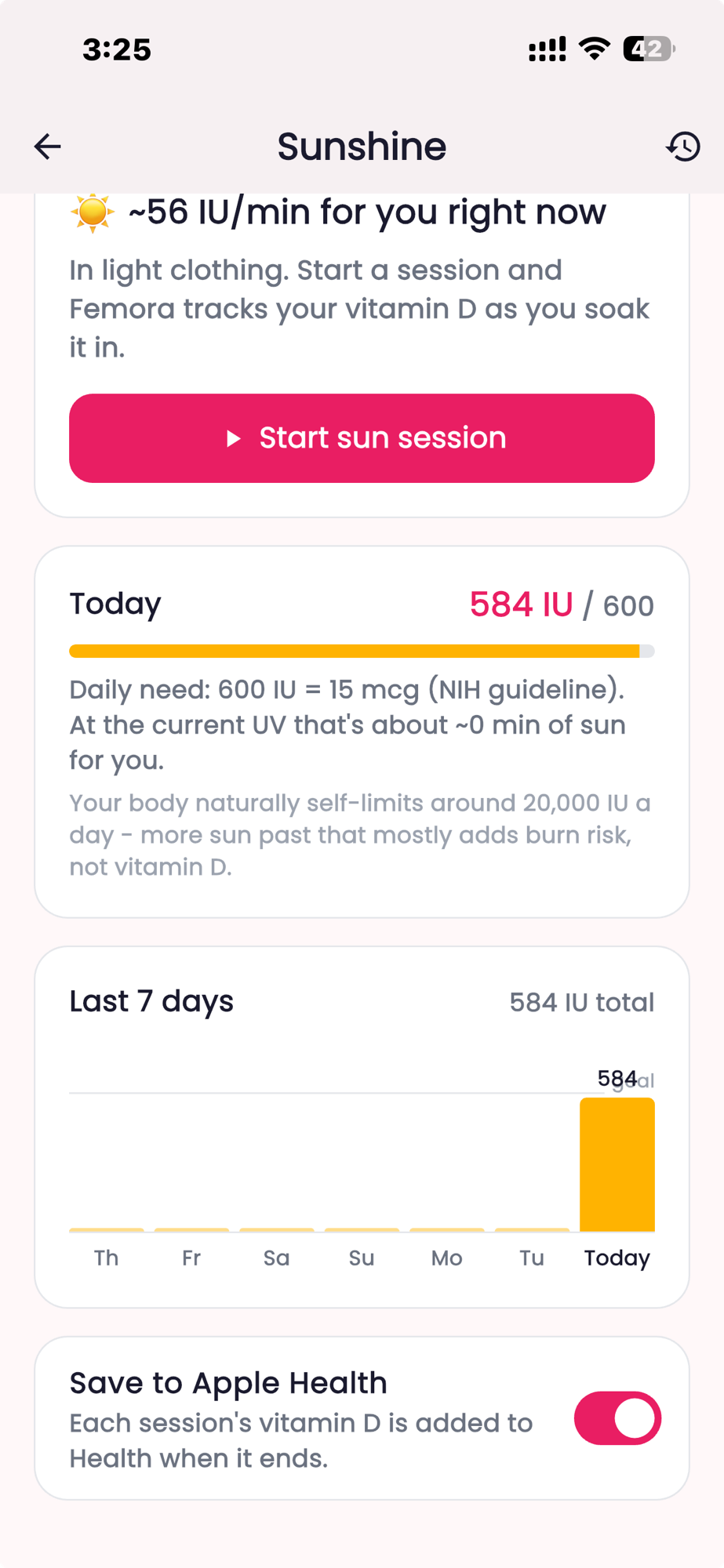 Femora Sunshine screen showing 584 of 600 IU reached, a 7-day history chart, and a Save to Apple Health toggle