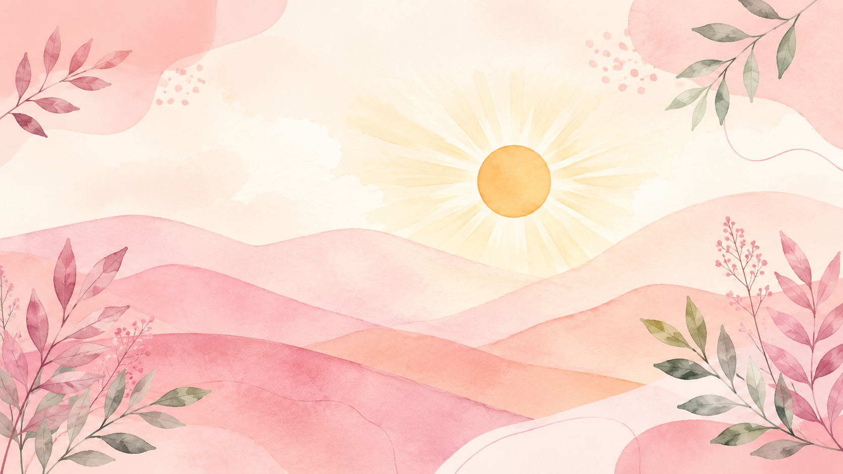 A soft watercolor illustration of a bright sun with golden rays over gentle rolling hills and botanical leaves, in a pastel pink and cream palette