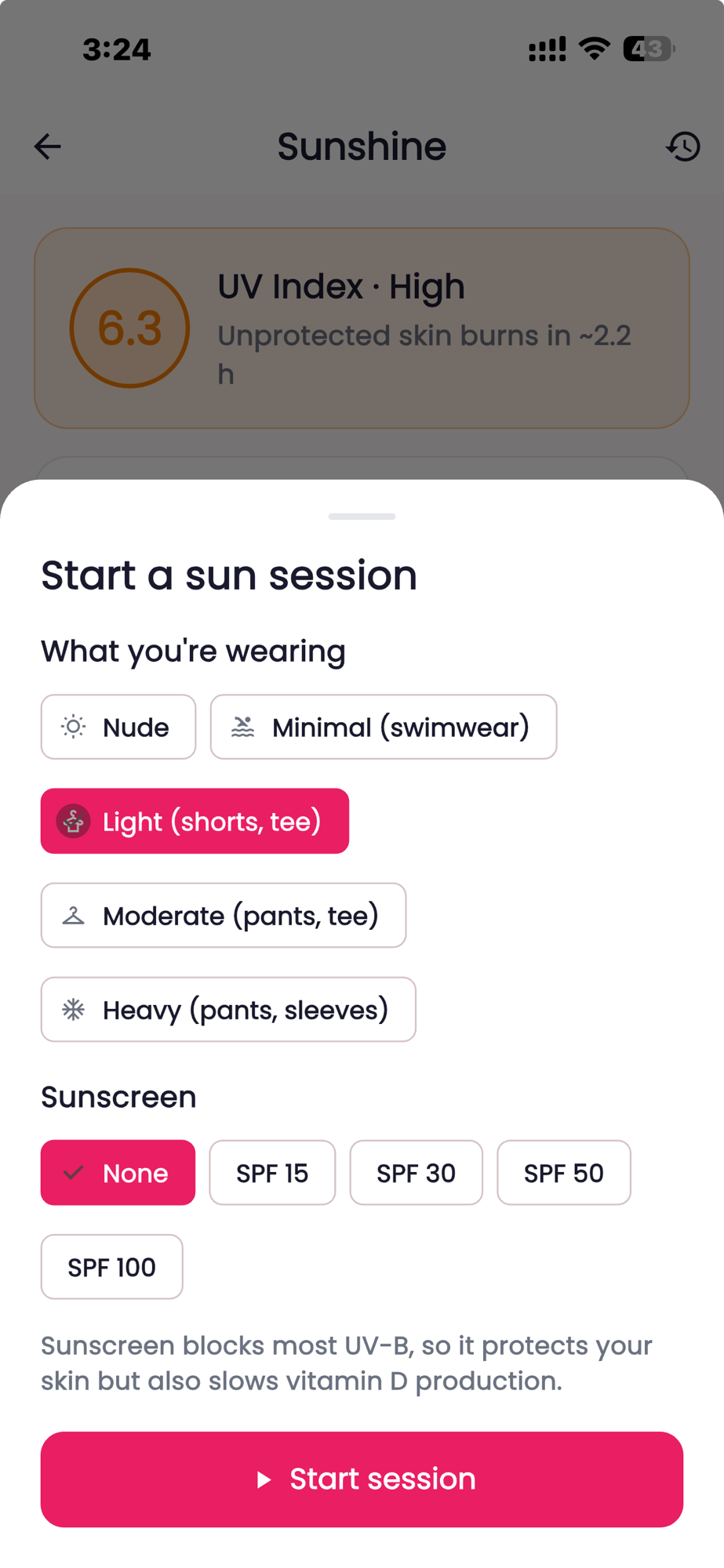 Femora's Start a sun session sheet with clothing options from swimwear to heavy layers and sunscreen options from none to SPF 100