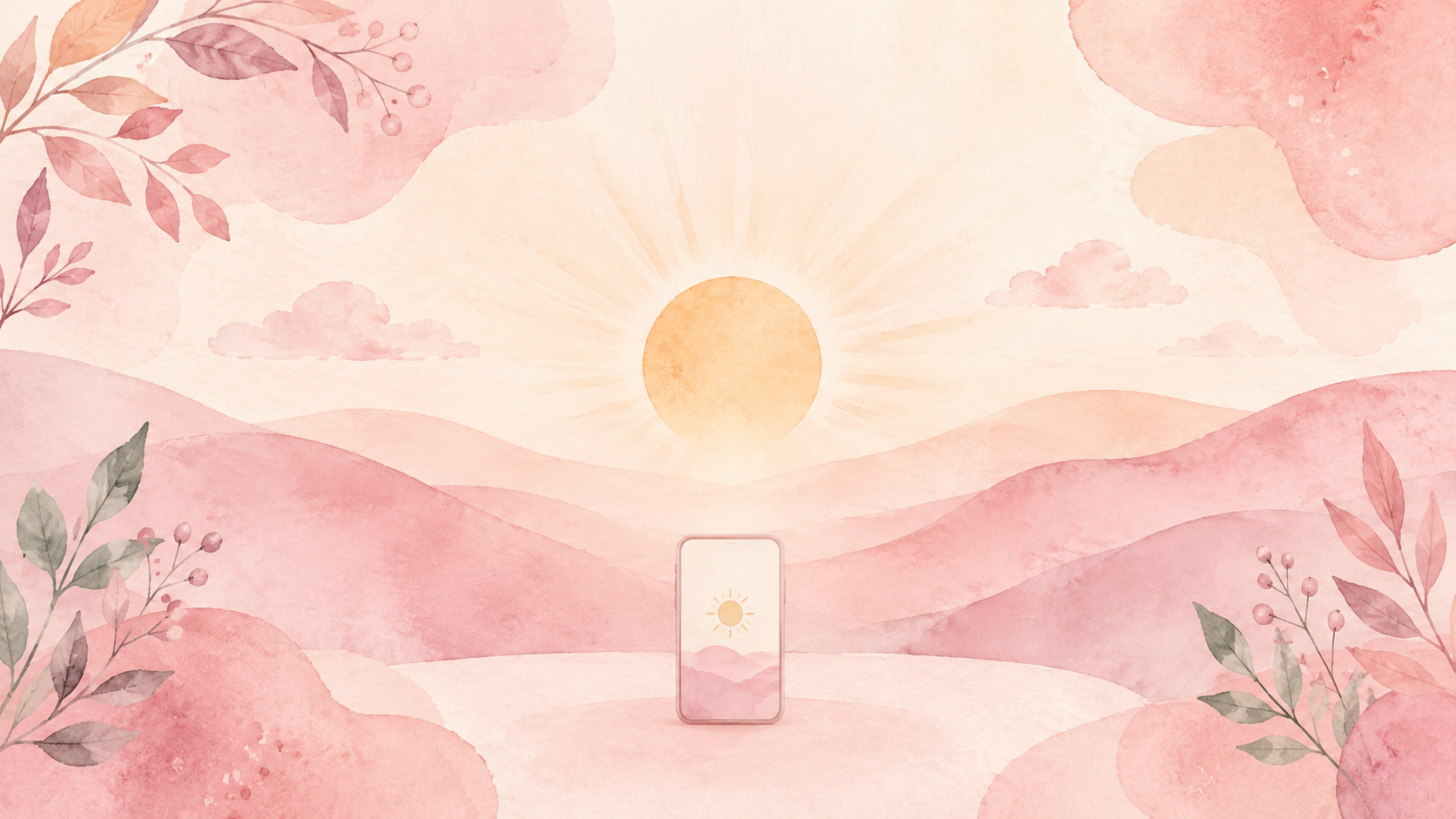 A soft watercolor illustration of a bright sun over gentle hills with a small phone showing a sun icon, delicate botanical leaves in the corners, in a pastel pink and cream palette