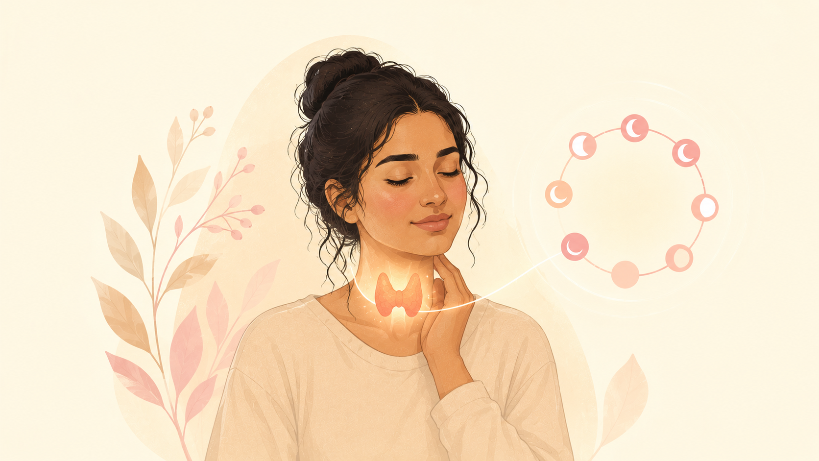 A woman with a soft butterfly-shaped thyroid glow at her neck linked to a small cycle-ring, on a soft cream background