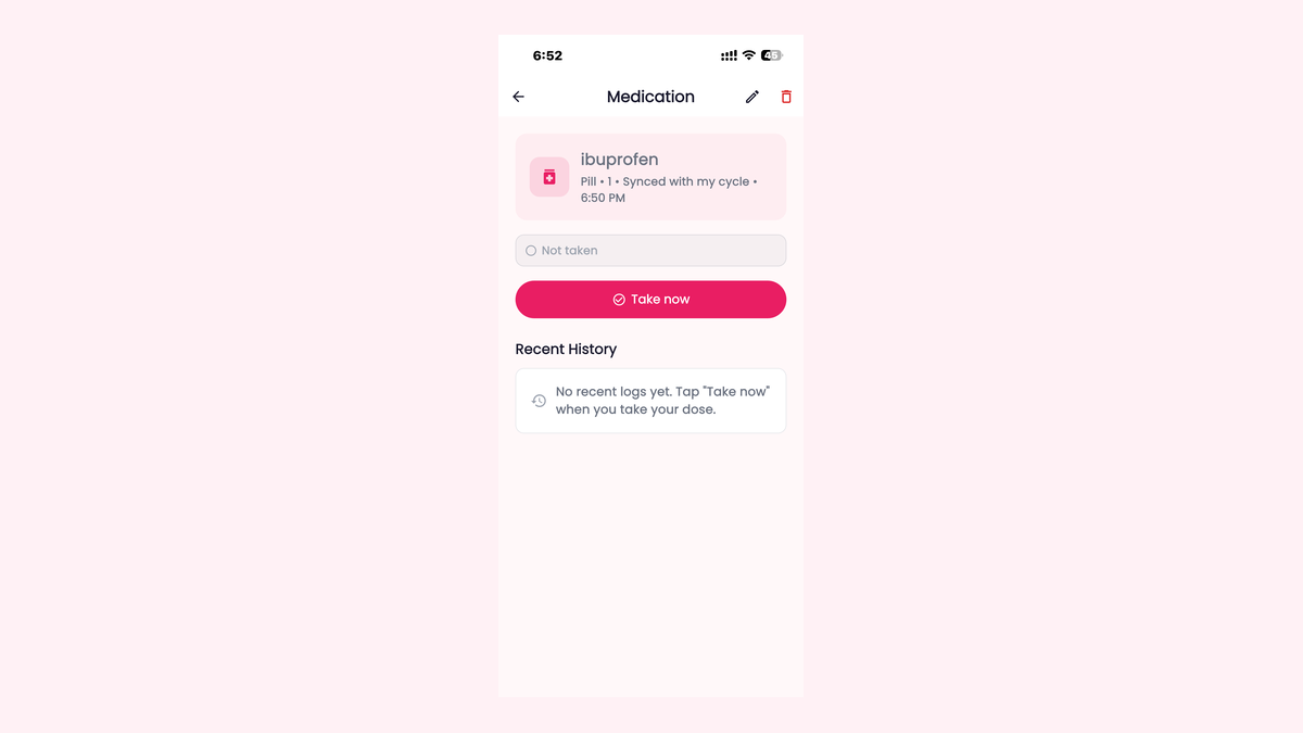 A Femora medication detail screen showing a medication synced with the user's cycle, on a soft blush background