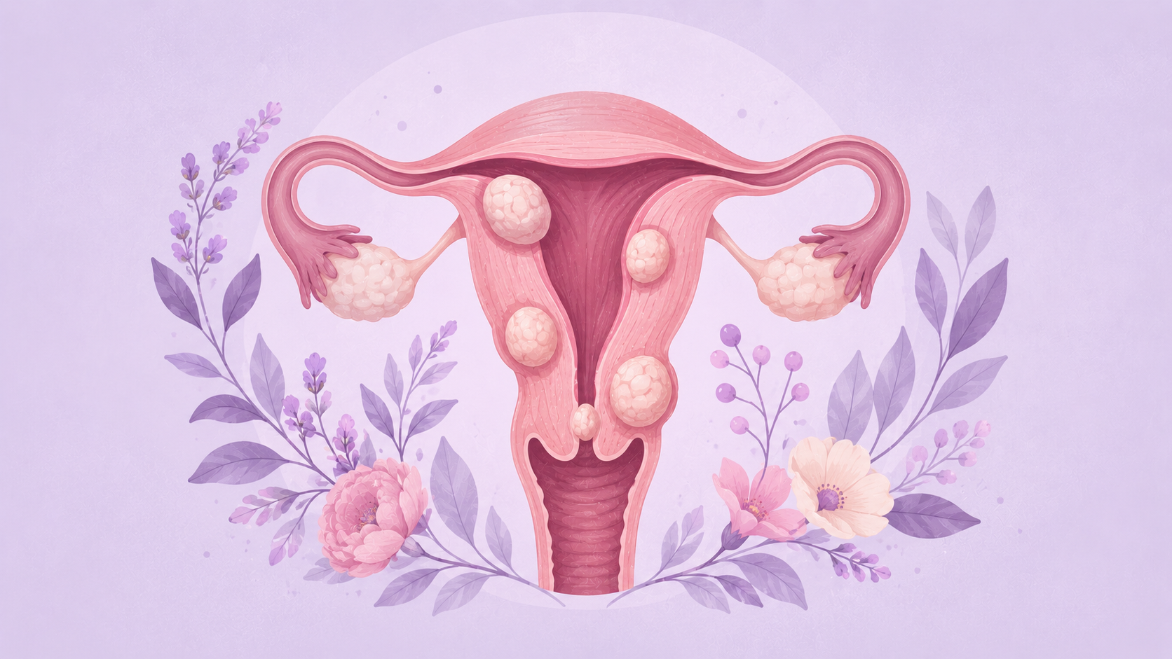 A gentle stylized cross-section of a uterus with small rounded fibroid nodules surrounded by florals, on a lavender background