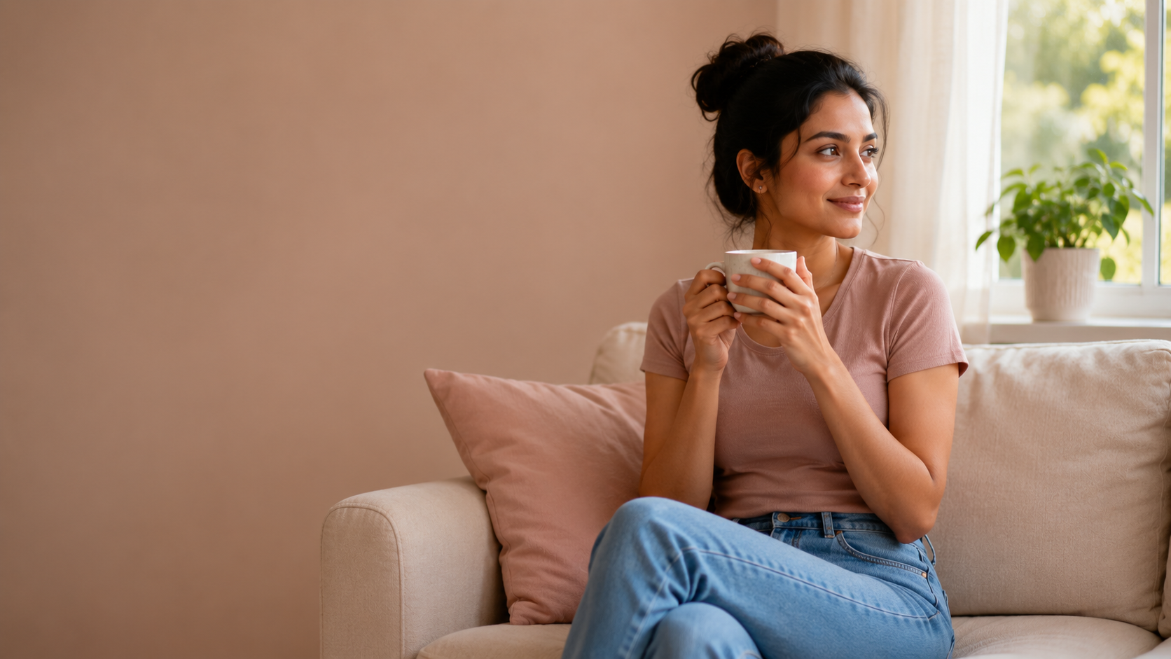 A calm woman with one hand resting near her lower abdomen beside a soft cycle ring and gentle floral accents, on a warm rose background, suggesting vaginal health and self-care