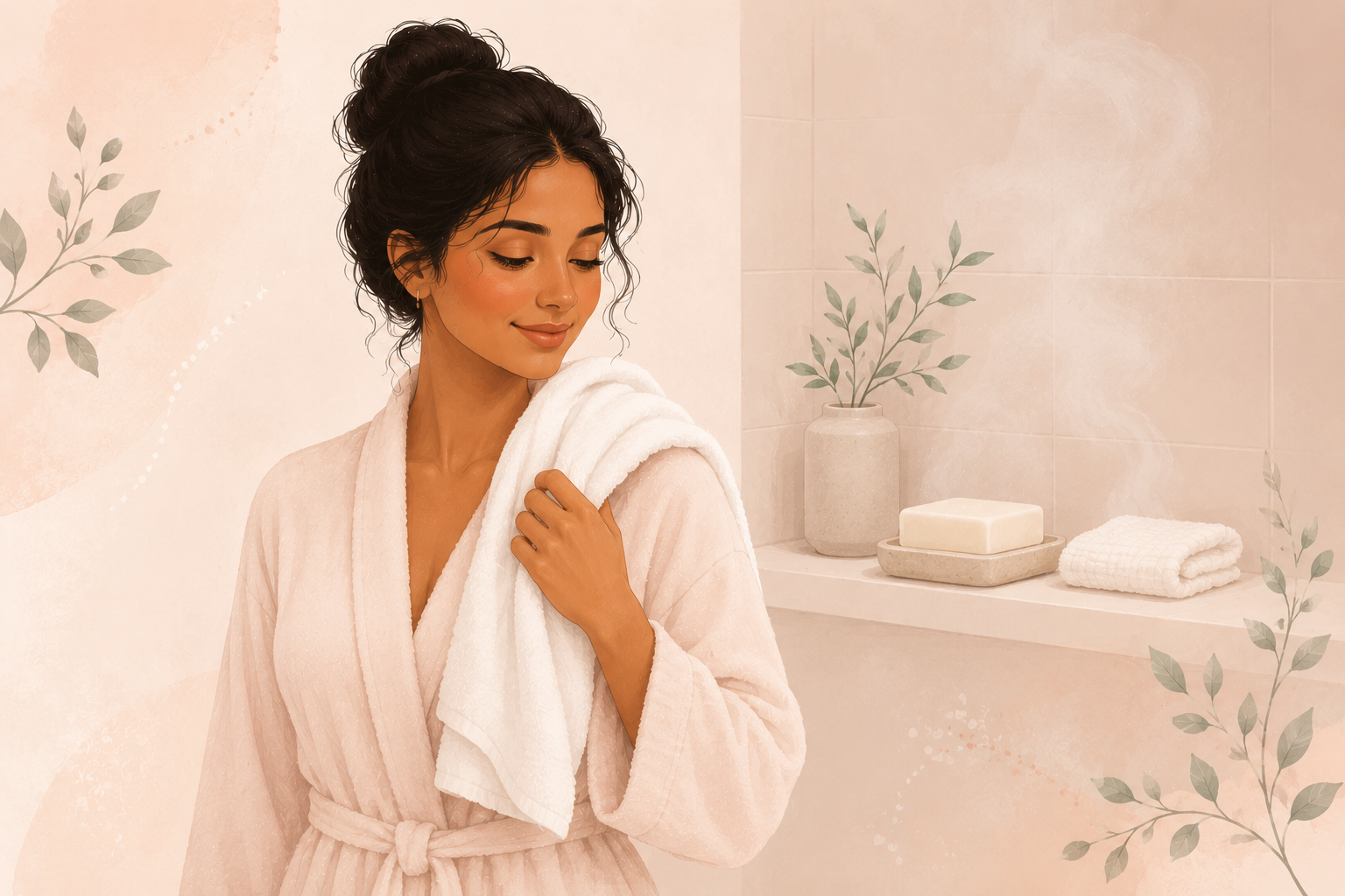 A woman in a soft cotton robe with a towel draped over her shoulder, standing in a minimal bathroom with gentle steam rising on a warm rose background