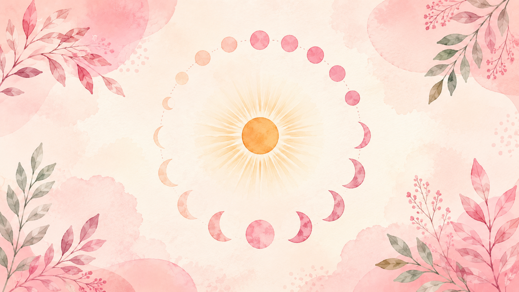 A soft watercolor illustration of a sun and a gentle circular cycle motif with botanical leaves, in a pastel pink and cream palette