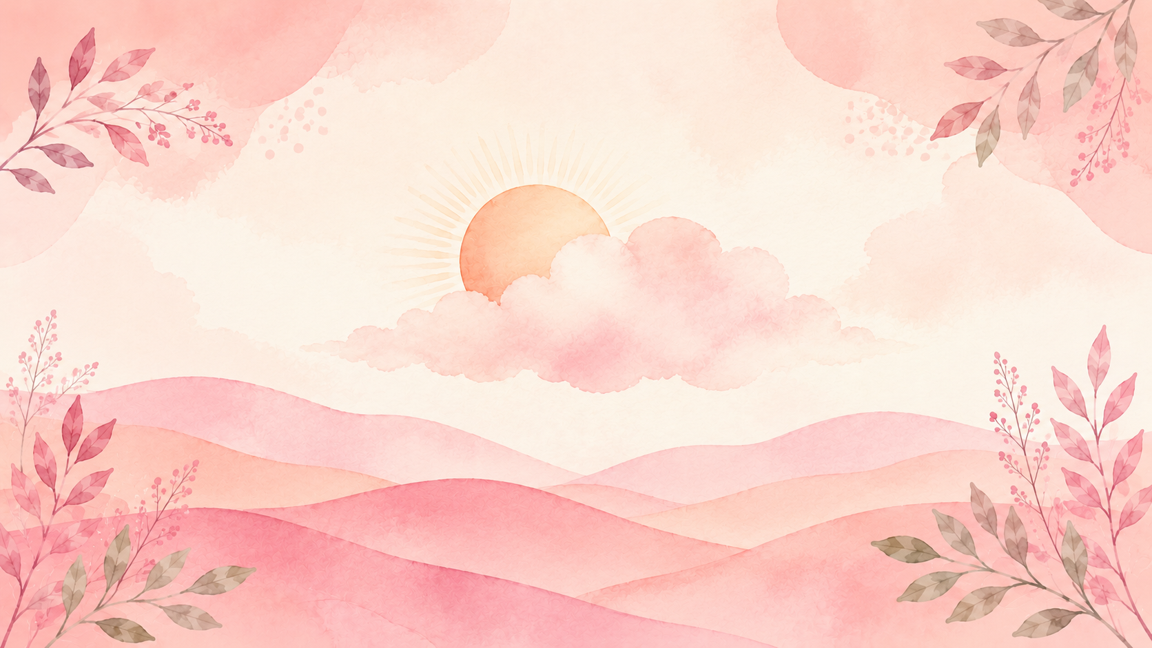 A soft watercolor illustration of a fading sun behind a cloud with delicate botanical leaves, in a pastel pink and cream palette