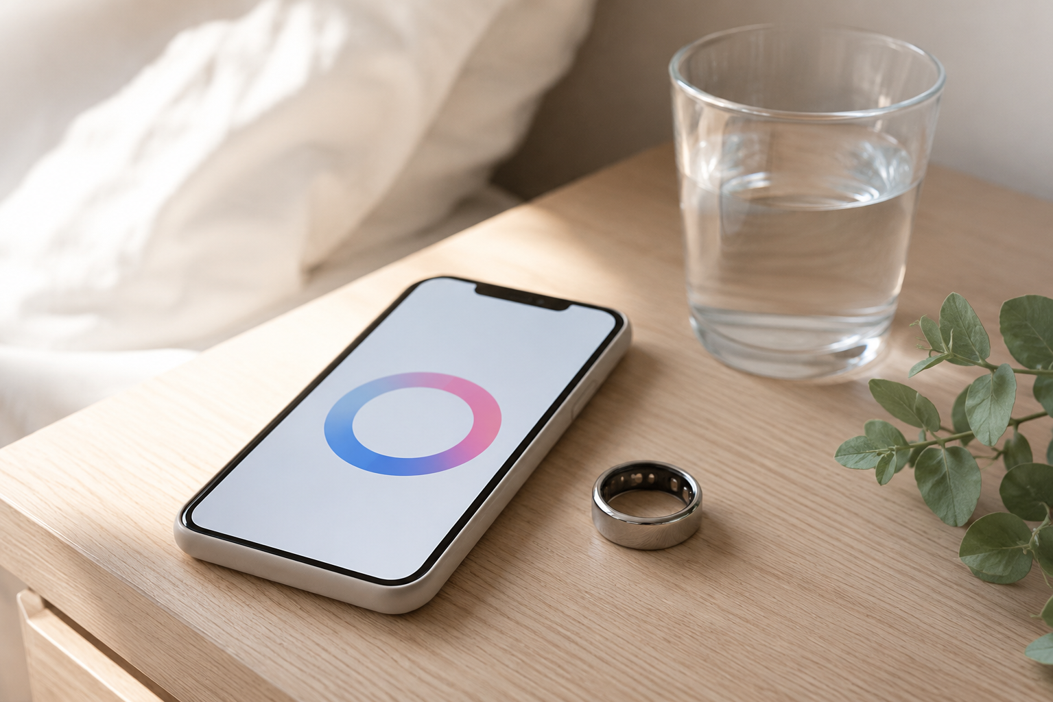 A smart ring on a hand resting on a nightstand beside a phone showing a cycle ring at dawn, soft natural light