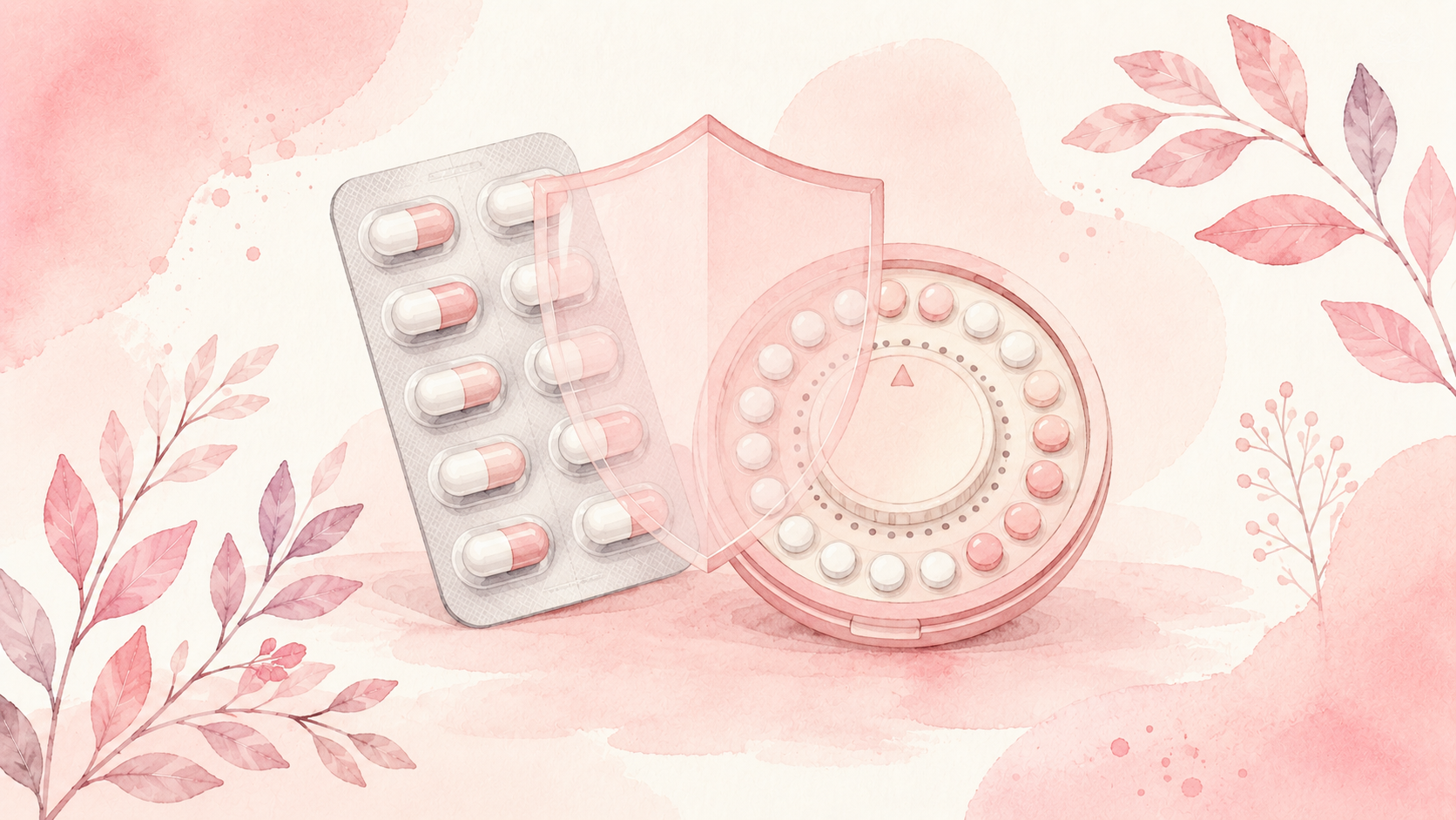 A watercolor illustration of pill blister packs beside a protective shield, painted in soft pastel tones.